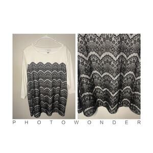 CJ BANKS Women's Plus Size Lace Embellished Top Black & White 2X (20-22W) NWT